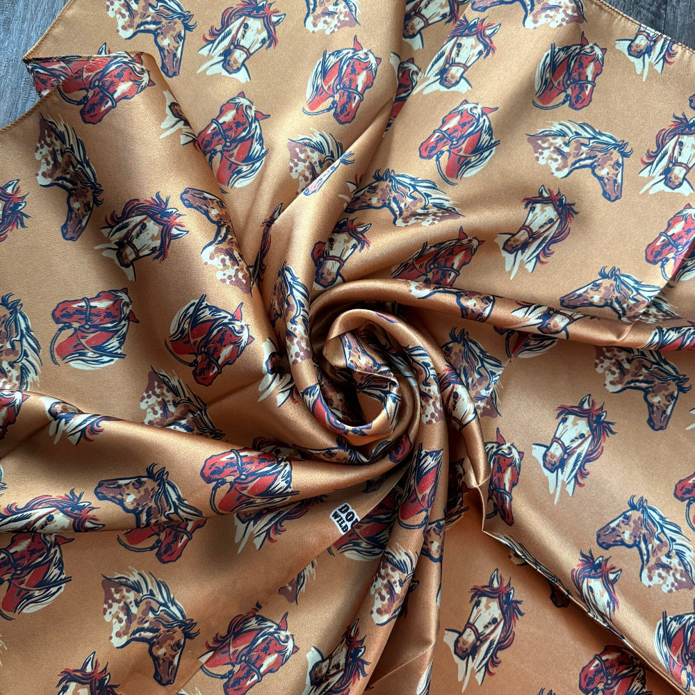 100% Silk Wild Rag Double B Neck Scarf Bandana with Hand drawn horse heads Cow Ponies scattered over a dark gold background fabric pattern