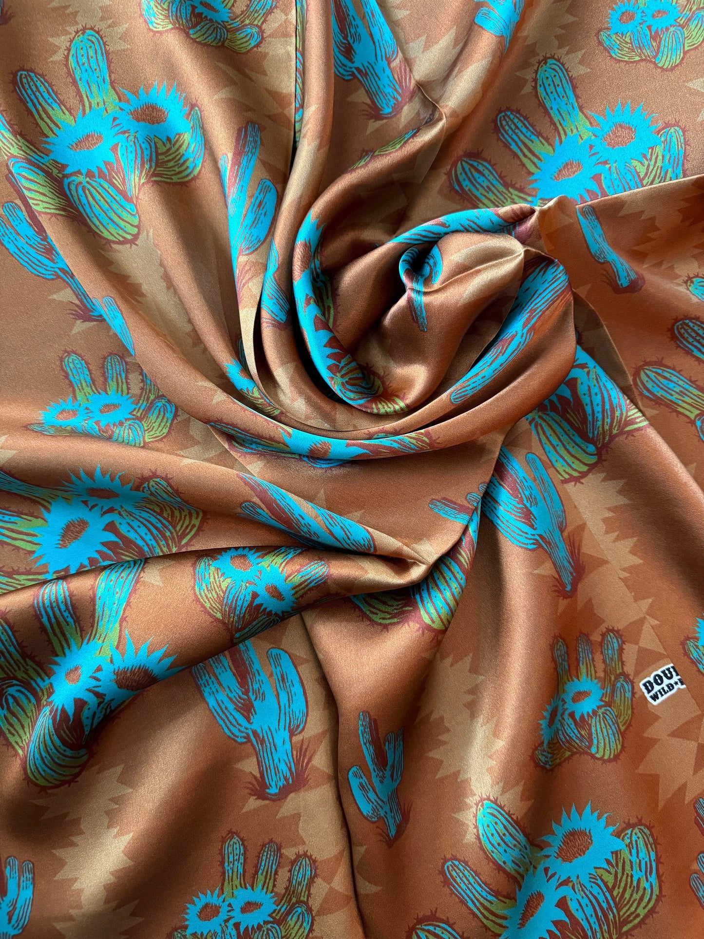 100% Silk Wild Rag “Rusty Cactus” by Double B Wild Rags dark rust orange, turquoise blue, light green