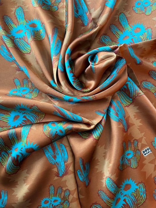 100% Silk Wild Rag “Rusty Cactus” by Double B Wild Rags dark rust orange, turquoise blue, light green