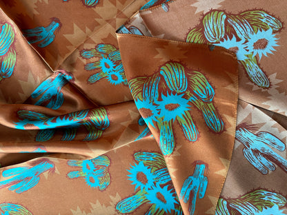 100% Silk Wild Rag “Rusty Cactus” by Double B Wild Rags dark rust orange, turquoise blue, light green