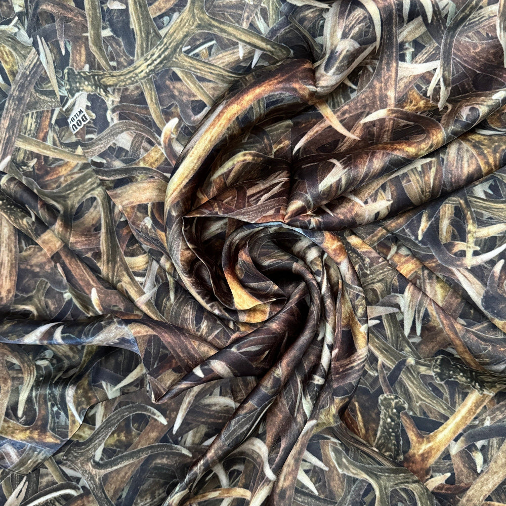 Wild Rag 100% SILK 834 Deer Antler Camo Camouflage Cowboy Western Neck Scarf Bandana Wild Rag with Deer Antler Camouflage Dark green, browns, and gold pattern fabric