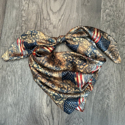 Wild Rag 100% Silk Patriotic Vintage Gold Floral American Flag Cowboy Western Neck Scarf Bandana by Double B Wild Rags