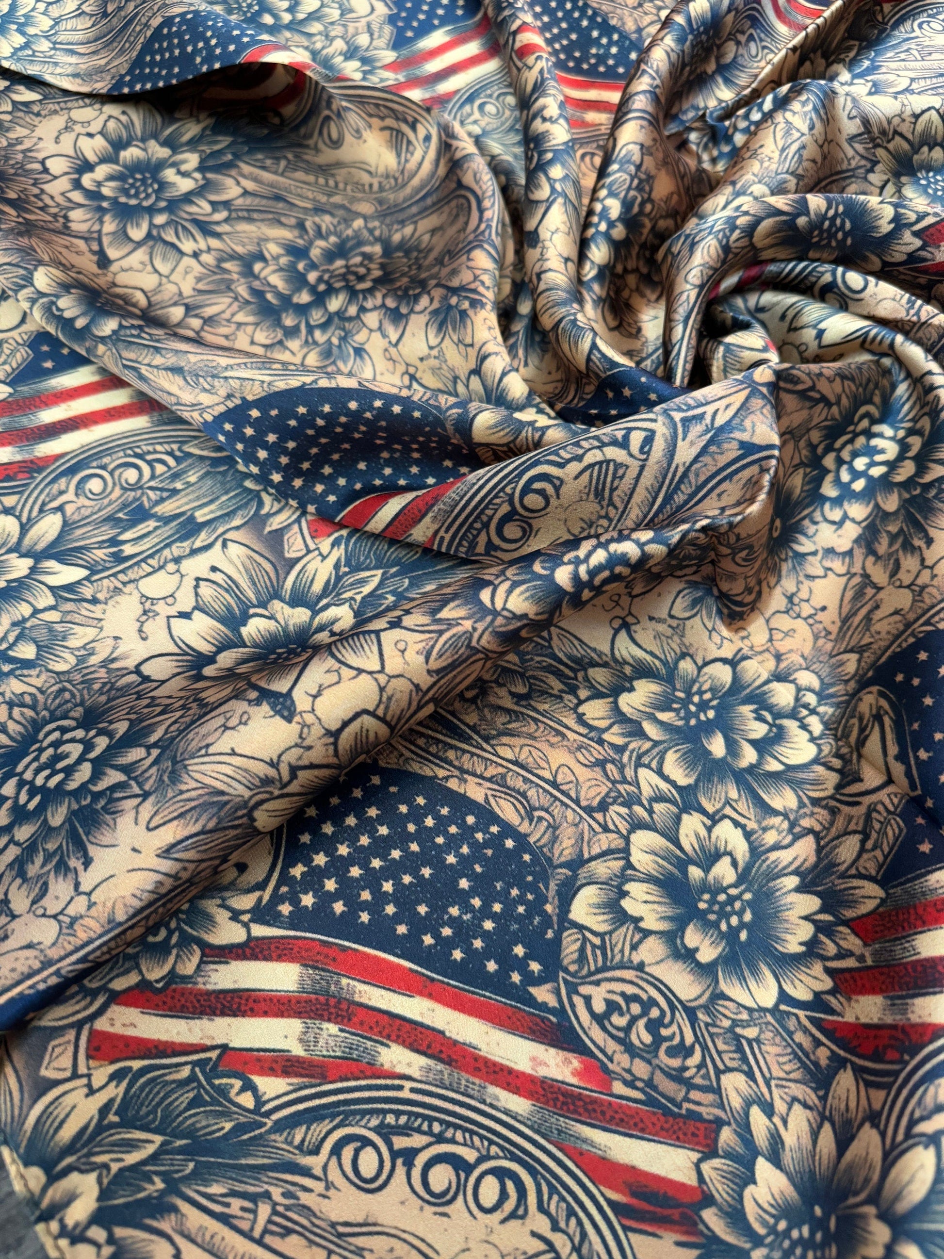 Close up of a Wild Rag 100% Silk Patriotic Vintage Floral American Flag Cowboy Western Neck Scarf Bandana by Double B Wild Rags