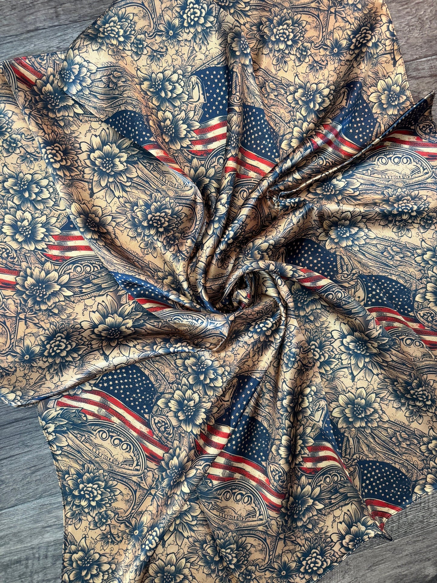 Close up of a Wild Rag 100% Silk Patriotic Vintage Gold Floral American Flag Cowboy Western Neck Scarf Bandana by Double B Wild Rags