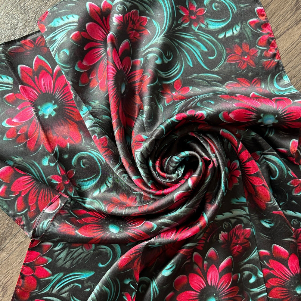 Close-up of 100% Silk Wild Rag Cranberry Red Teal Black 3D Floral pattern Double B Neck Scarf Bandana creative