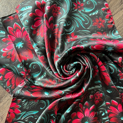 Close-up of 100% Silk Wild Rag Cranberry Red Teal Black 3D Floral pattern Double B Neck Scarf Bandana creative