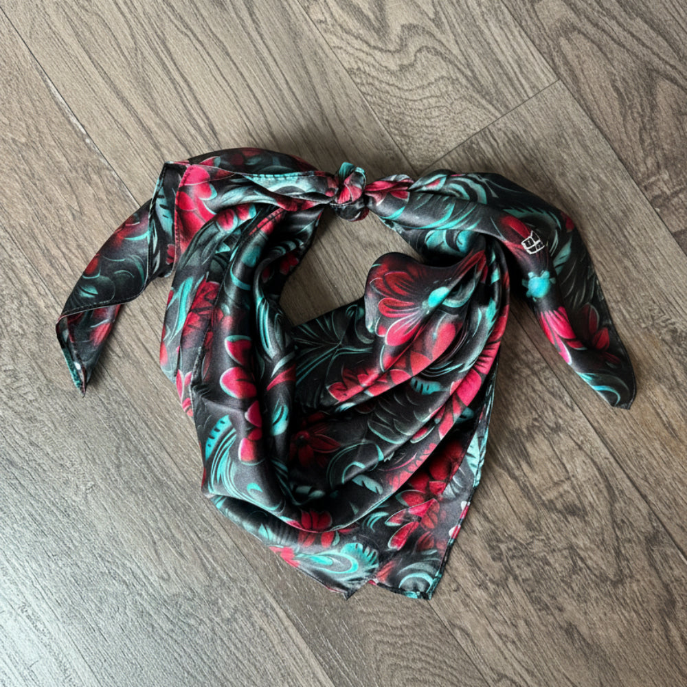 100% Silk Wild Rag Cranberry Red Teal and Black 3D Floral pattern Double B Neck Scarf Bandana 