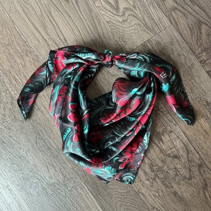 100% Silk Wild Rag Cranberry Red Teal and Black 3D Floral pattern Double B Neck Scarf Bandana 