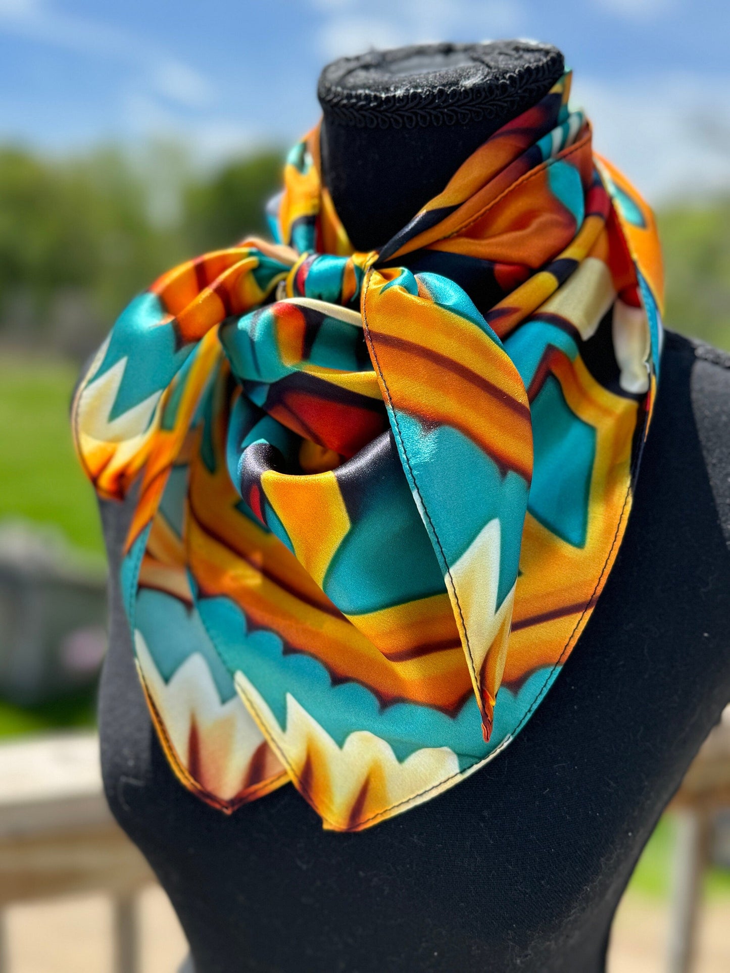 100% Silk Wild Rag Native American Indian Style Orange Teal and Yellow by Double B Wild Rags