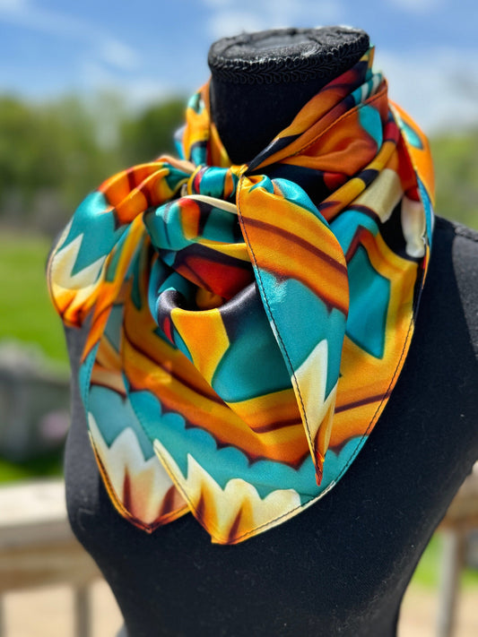 100% Silk Wild Rag Native American Indian Style Orange Teal and Yellow by Double B Wild Rags