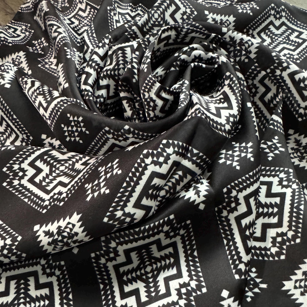 Close-up of 100% Silk Wild Rag Black White Native Tribal Neck Scarf Double B Black and White tribal inspired print