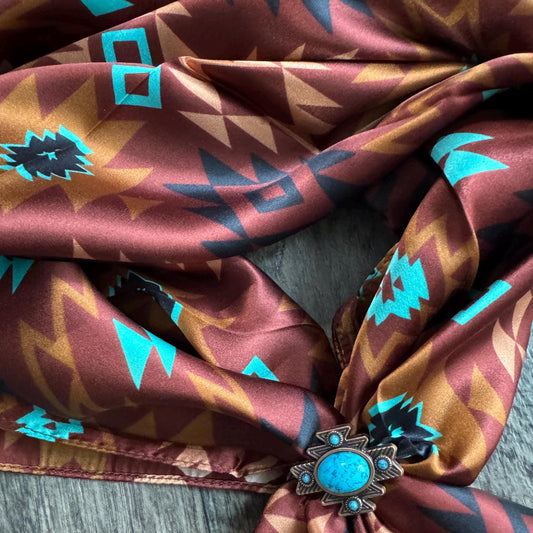 100% Silk Wild Rag Chestnut Turquoise Aztec Native Tribal Inspired Neck Scarf Bandana