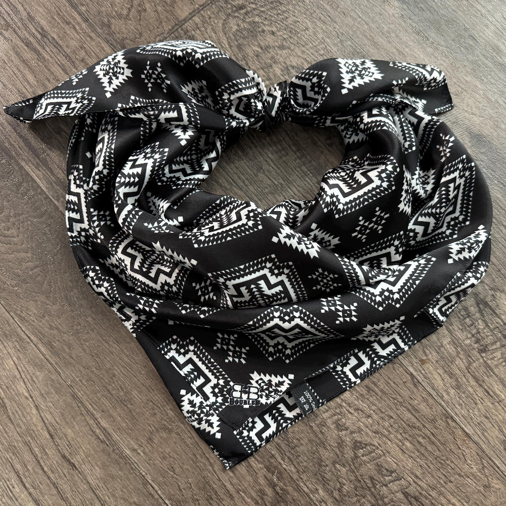 100% Silk Wild Rag Black White Native Tribal Neck Scarf Double B Black and White tribal inspired print