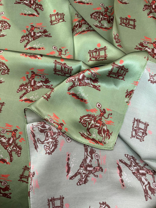 100% Silk Wild Rag Cowgirl on the Prairie by Double B Wild Rags bright sage green, coral, and brown