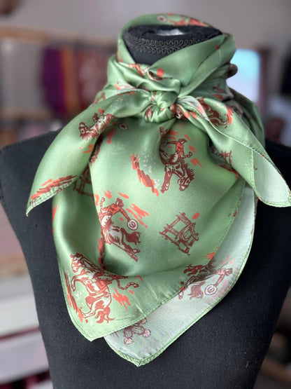 100% Silk Wild Rag Cowgirl on the Prairie by Double B Wild Rags bright sage green, coral, and brown