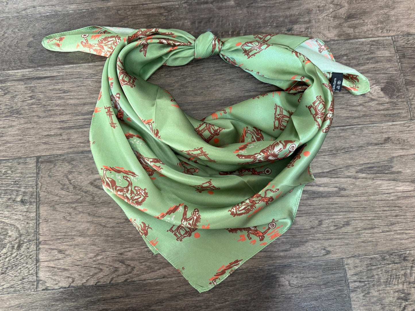 100% Silk Wild Rag Cowgirl on the Prairie by Double B Wild Rags bright sage green, coral, and brown