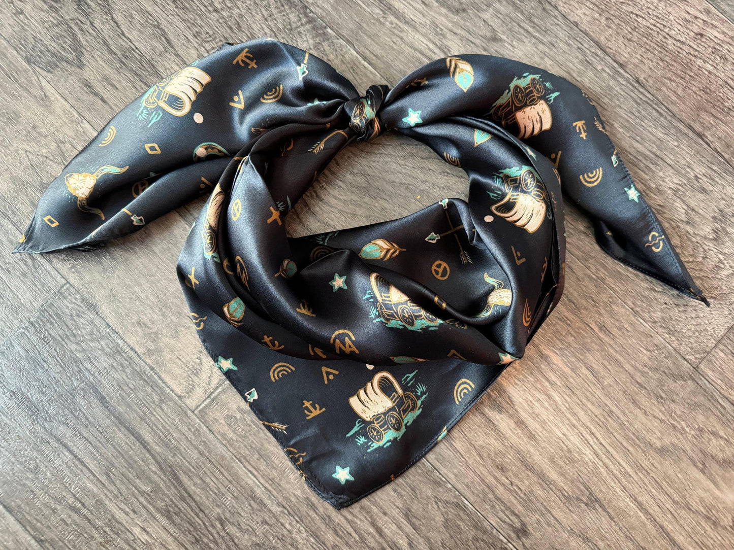 100% Silk Wild Rag “Going West” by Double B Wild Rags Chuckwagons Brands Arrows Horseshoes