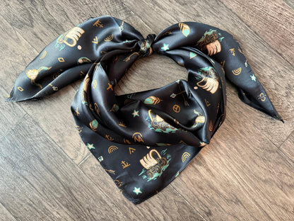 100% Silk Wild Rag “Going West” by Double B Wild Rags Chuckwagons Brands Arrows Horseshoes