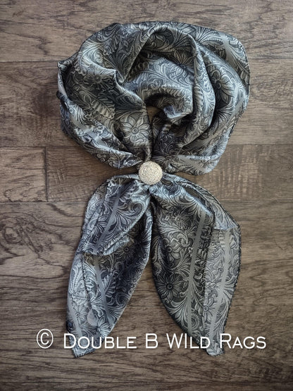 Wild Rag 100% SILK 815 Steel Grey Black Tooled Leather Cowboy Western Neck Scarf Bandanna by Double B Wild Rags