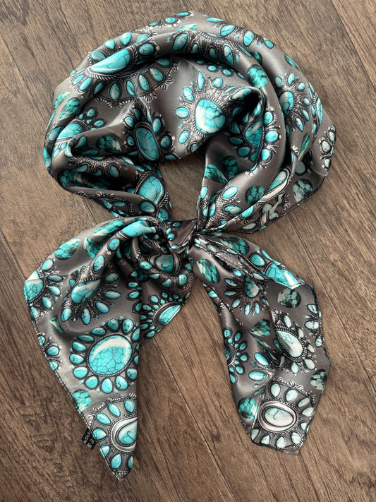 100% Silk Wild Rag Turquoise and Silver jewels and stones on charcoal grey by Double B Wild Rags
