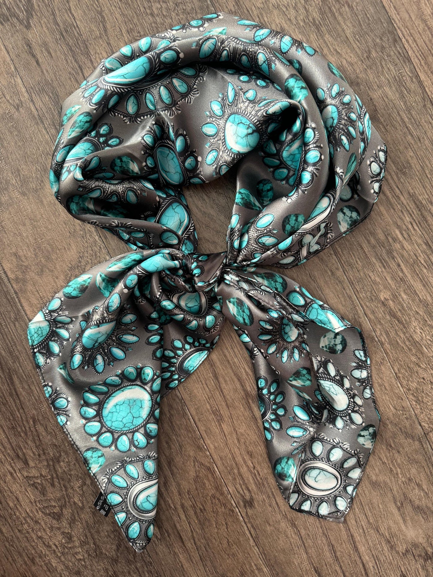 100% Silk Wild Rag Turquoise and Silver jewels and stones on charcoal grey by Double B Wild Rags