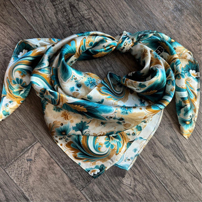 Wild Rag 100% SILK Turquoise Gold Ivory Floral Paisley Cowboy Neck Scarf Bandanna by Double B Wild Rags