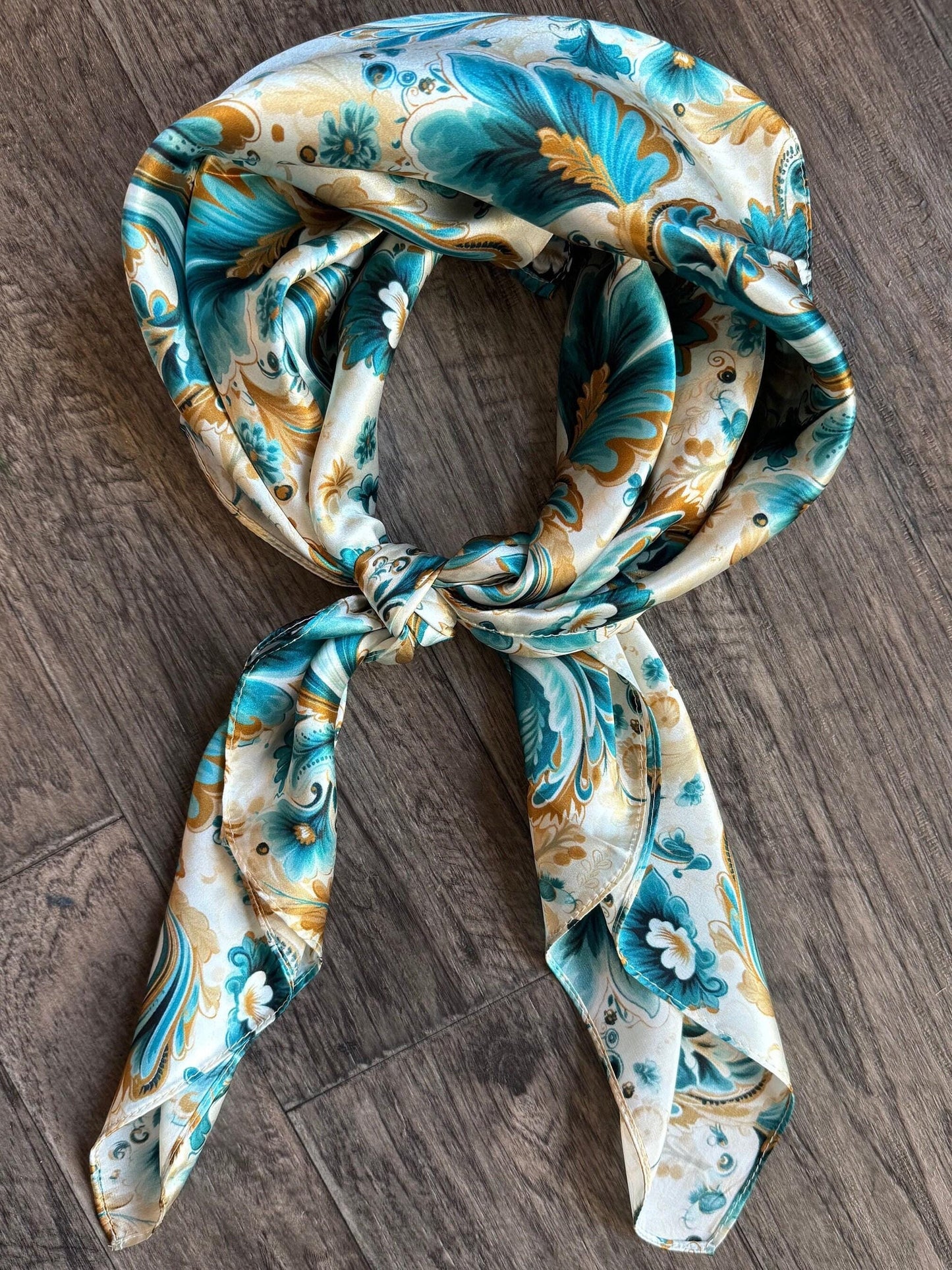Wild Rag 100% SILK Turquoise Gold Ivory Floral Paisley Cowboy Neck Scarf Bandanna by Double B Wild Rags