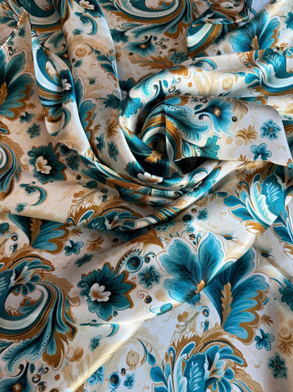 Wild Rag 100% SILK Turquoise Gold Ivory Floral Paisley Cowboy Neck Scarf Bandanna by Double B Wild Rags