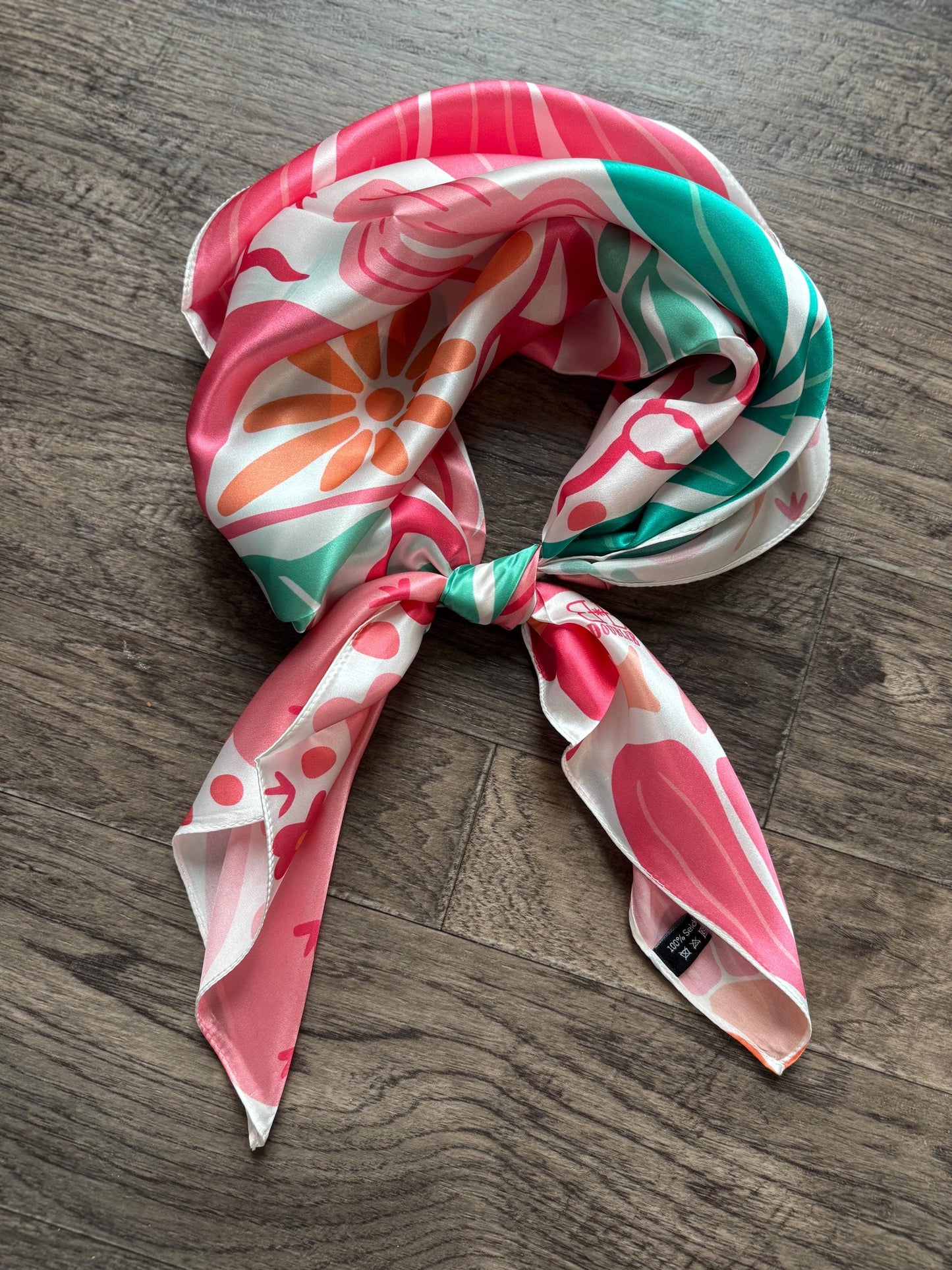 100% Silk Wild Rag Pink and Green Boot with Cactus and floral designs by Double B Wild Rags