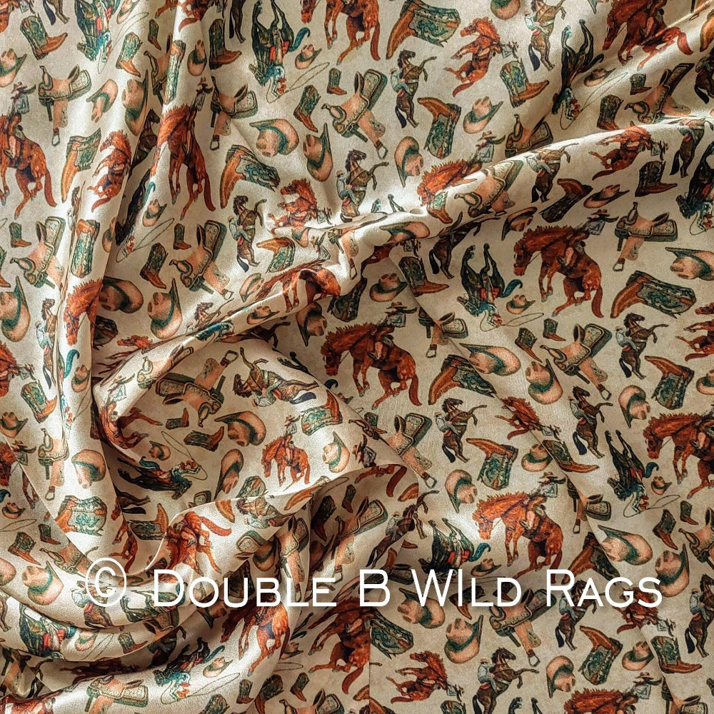 Wild Rag 100% SILK Western Cowboy Western Neck Scarf Bandana Double B Wild Rags Western Boots, Hat, Cowgirl, Bucking Horse, Cowboy with browns and dark teal on a cream background.
