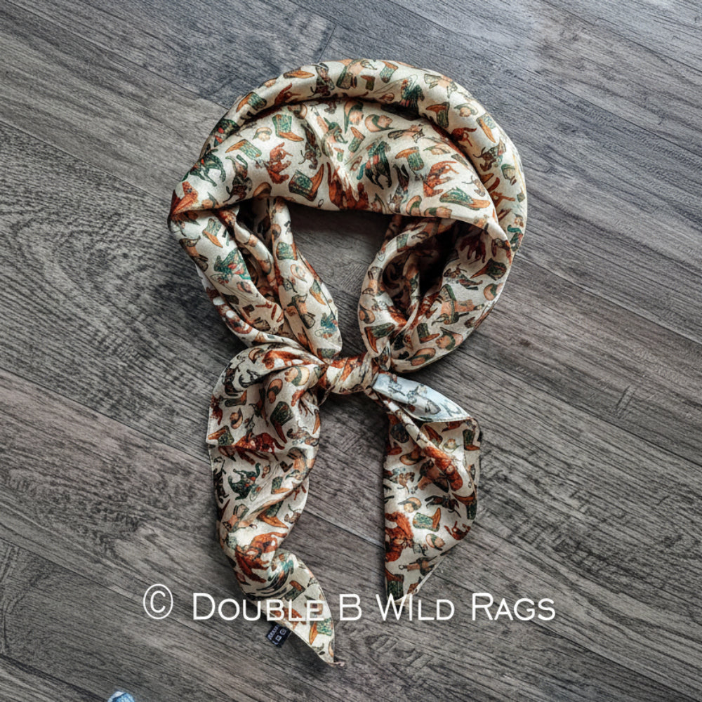 Wild Rag 100% SILK Western Cowboy Western Neck Scarf Bandana Double B Wild Rags Western Boots, Hat, Cowgirl, Bucking Horse, Cowboy with browns and dark teal on a cream background.