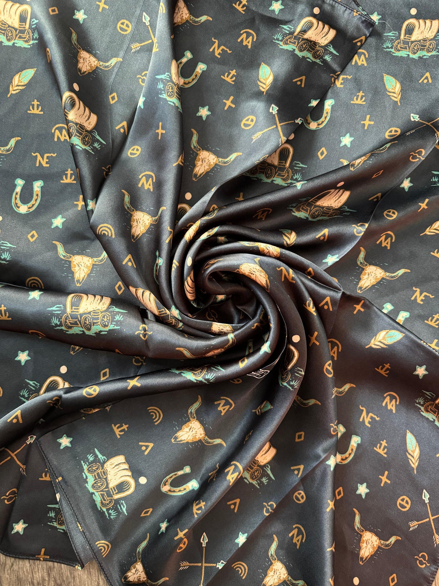 100% Silk Wild Rag “Going West” by Double B Wild Rags Chuckwagons Brands Arrows Horseshoes
