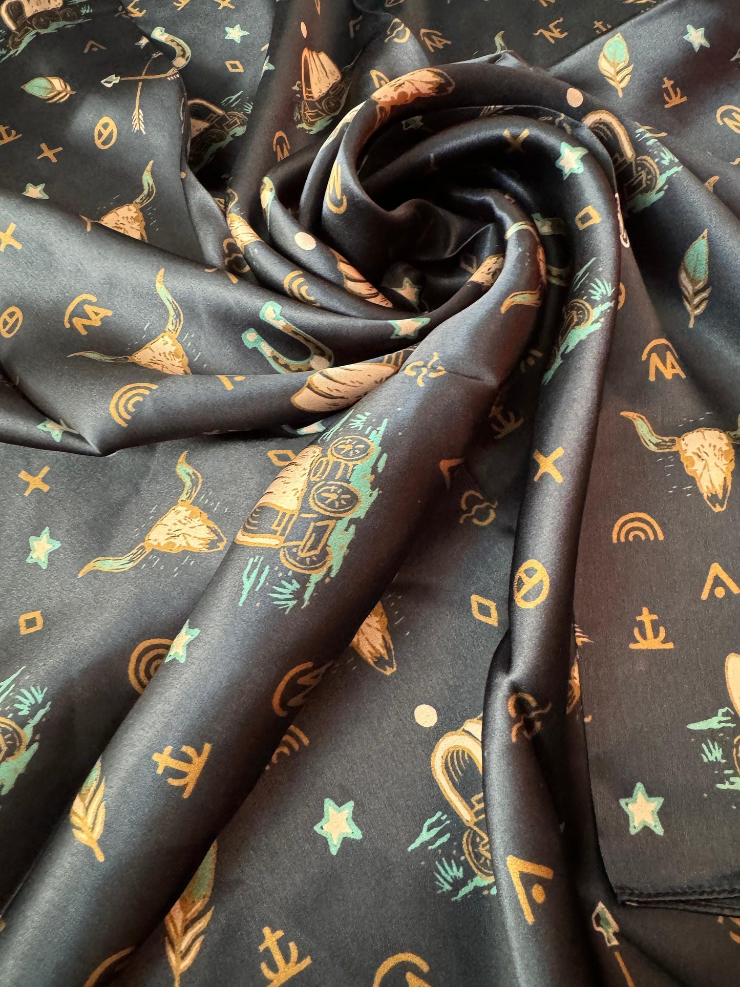 100% Silk Wild Rag “Going West” by Double B Wild Rags Chuckwagons Brands Arrows Horseshoes