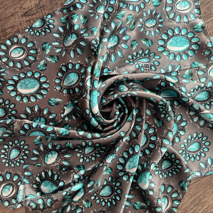 100% Silk Wild Rag Turquoise and Silver jewels and stones on charcoal grey by Double B Wild Rags