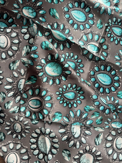 100% Silk Wild Rag Turquoise and Silver jewels and stones on charcoal grey by Double B Wild Rags