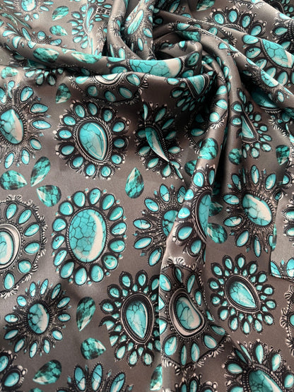 100% Silk Wild Rag Turquoise and Silver jewels and stones on charcoal grey by Double B Wild Rags