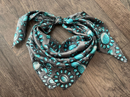 100% Silk Wild Rag Turquoise and Silver jewels and stones on charcoal grey by Double B Wild Rags