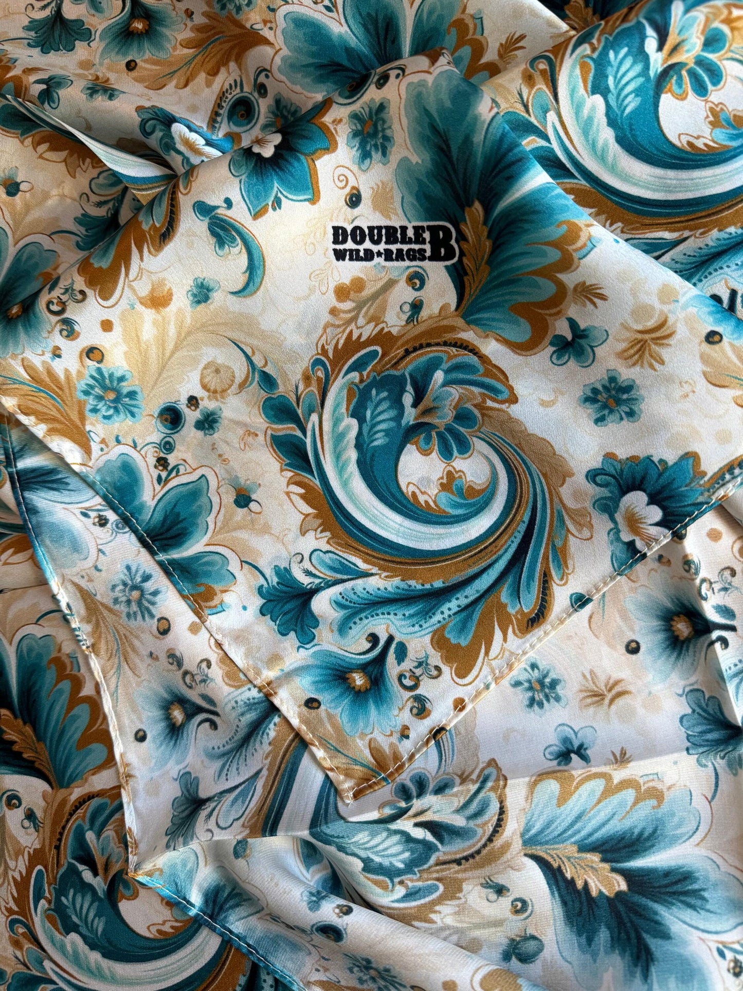 Wild Rag 100% SILK Turquoise Gold Ivory Floral Paisley Cowboy Neck Scarf Bandanna by Double B Wild Rags