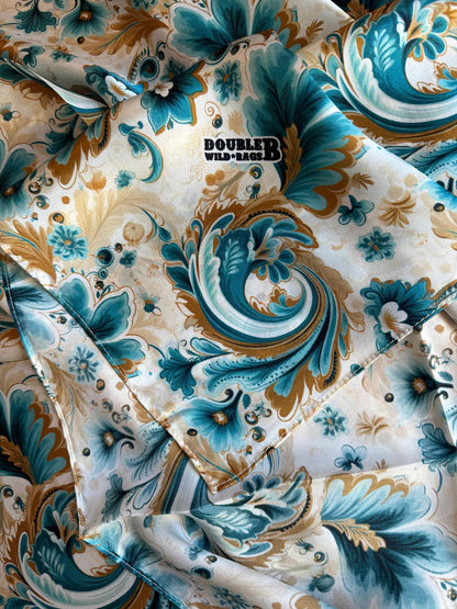 Wild Rag 100% SILK Turquoise Gold Ivory Floral Paisley Cowboy Neck Scarf Bandanna by Double B Wild Rags