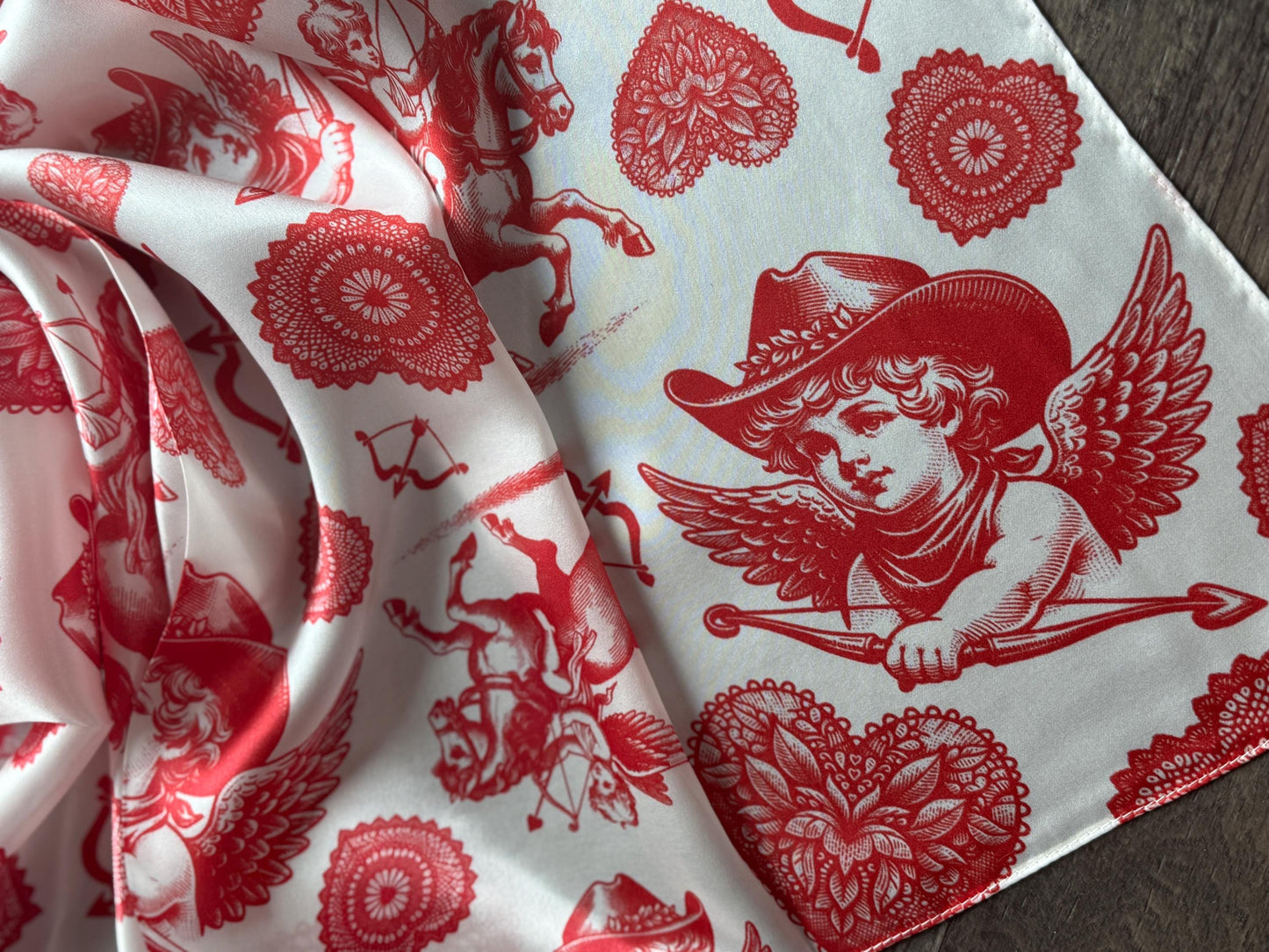 Closeup of a 100% Silk Wild Rag Red & White Cowboy Valentine Cherub by Double B
