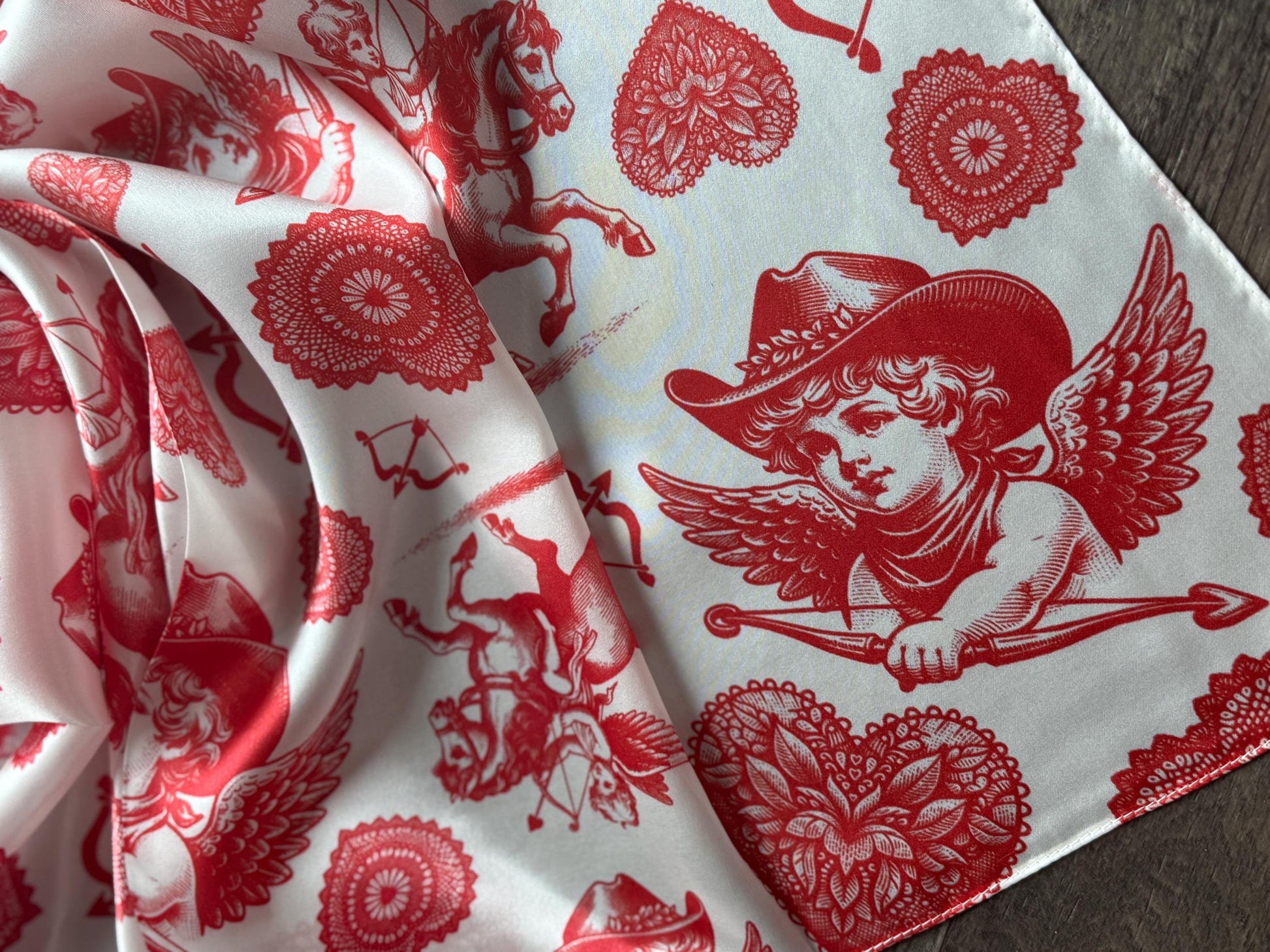 Closeup of a 100% Silk Wild Rag Red & White Cowboy Valentine Cherub by Double B