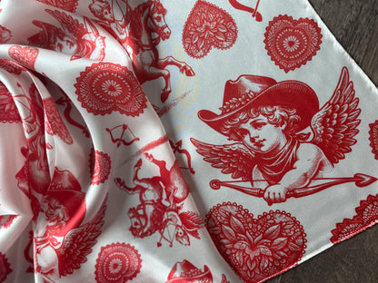 Closeup of a 100% Silk Wild Rag Red & White Cowboy Valentine Cherub by Double B