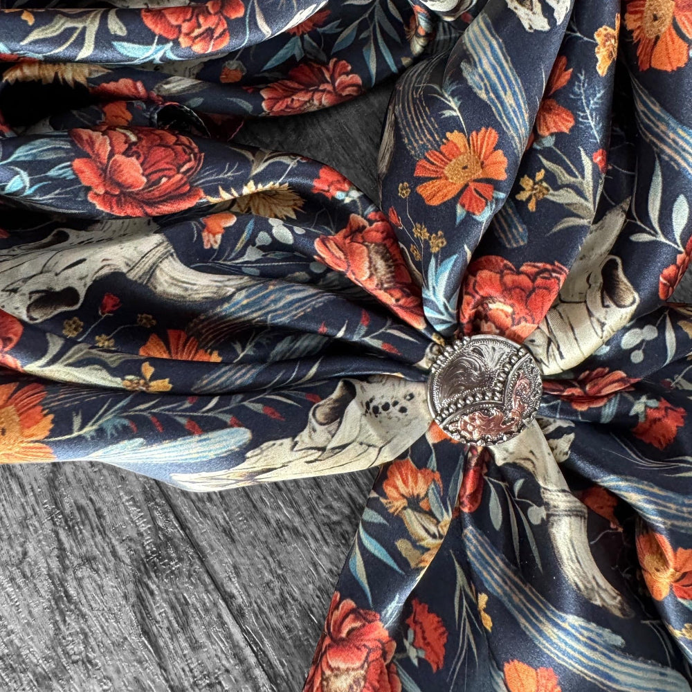 A Wild Rag with Navy Blue, Ivory, Rust Orange and Red, and Sage Floral Patterns Close-up