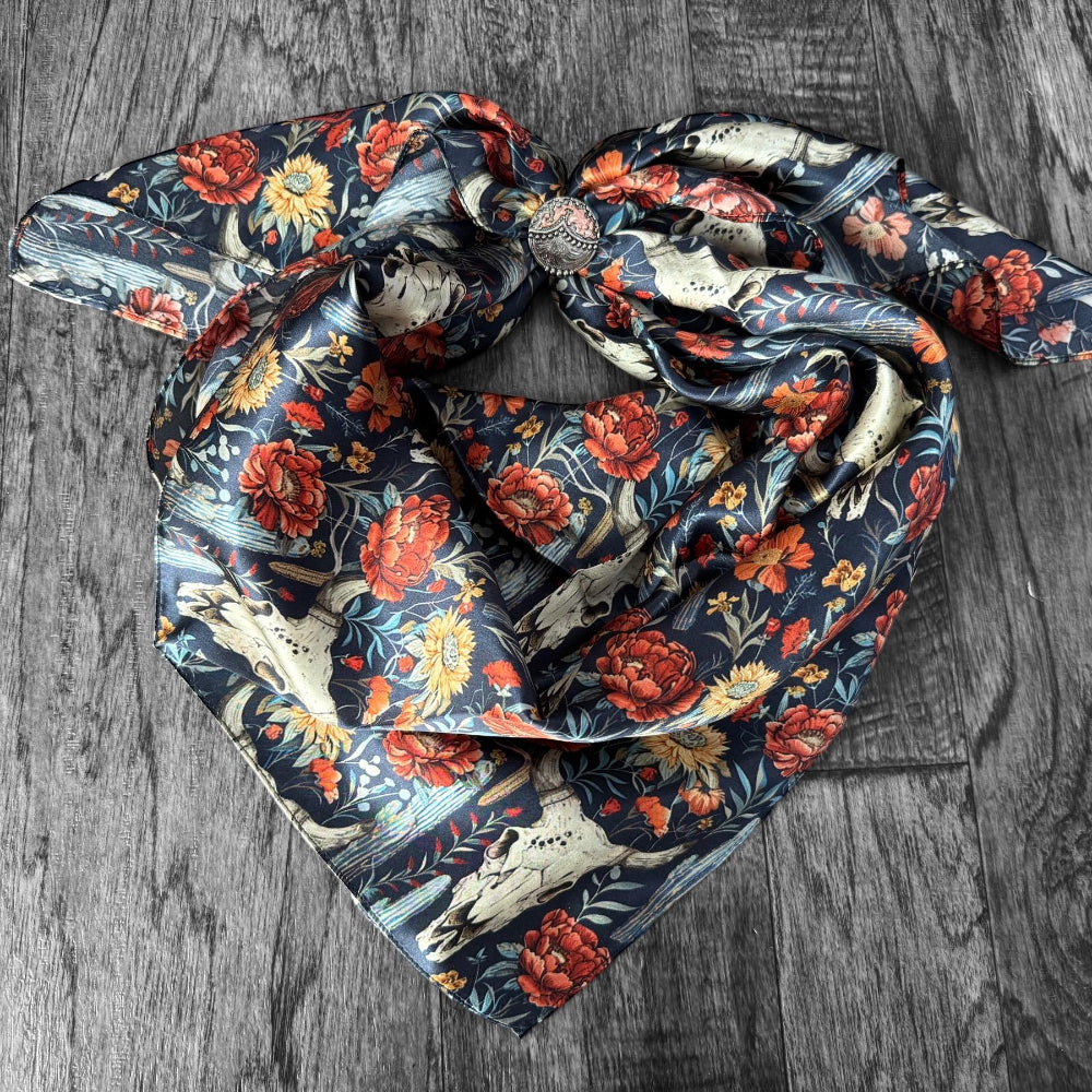A Wild Rag with Navy Blue, Ivory, Rust Orange and Red, and Sage Floral Patterns