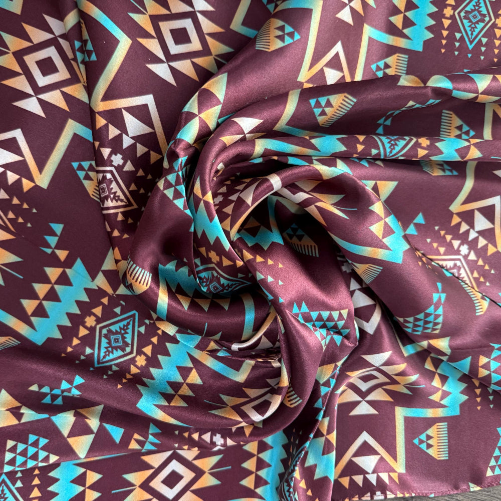 100% Silk Wild Rag Plum and Turquoise Native Tribal Print by Double B Wild Rags Neck Scarf Bandana