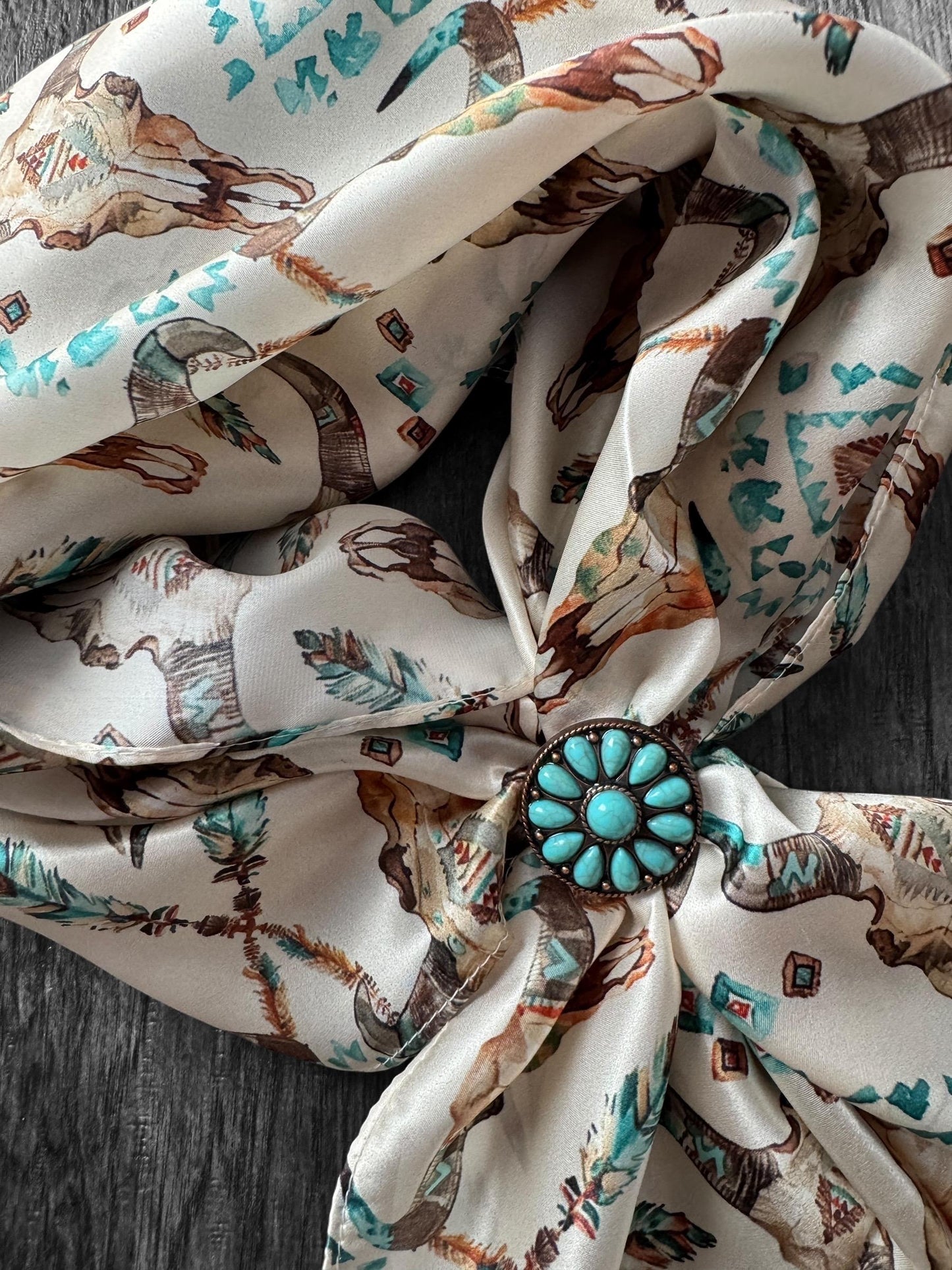 100% Silk Wild Rag Cow Skull and Turquoise by Double B Wild Rags Cowboy Western Scarf