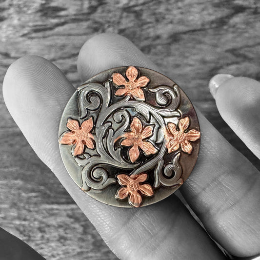 100% Silk Wild Rag Scarf Slide Keeper Brooch by Double B Wild Rags Rose Gold and Antique Silver Floral Design