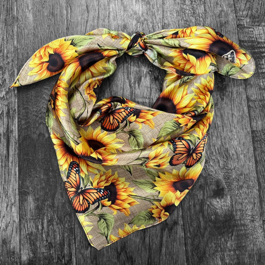 100% Silk Wild Rag Butterflies Sunflowers and Burlap Neck Scarf Bandana by Double B Wild Rags with Yellow Sunflowers, Monarch Butterflies, Burlap tan pattern