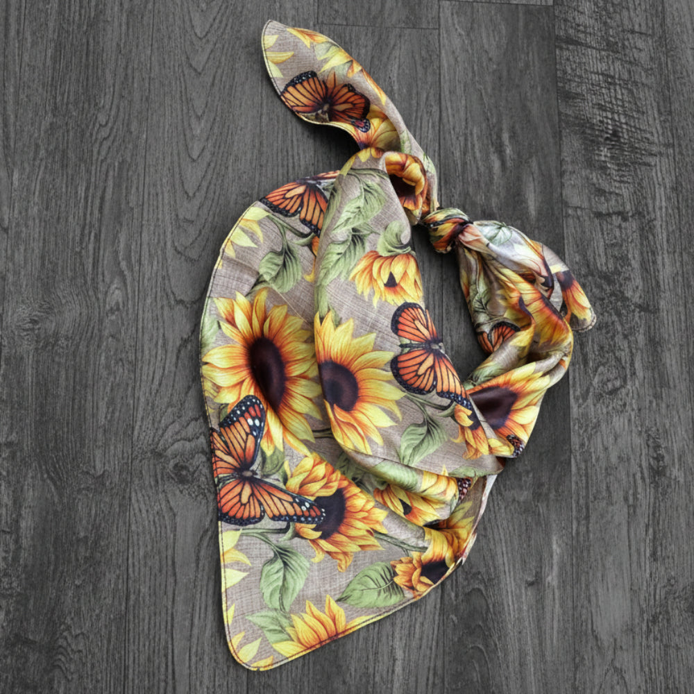 100% Silk Wild Rag Butterflies Sunflowers and Burlap Neck Scarf Bandana by Double B Wild Rags with Yellow Sunflowers, Monarch Butterflies, Burlap tan pattern creative