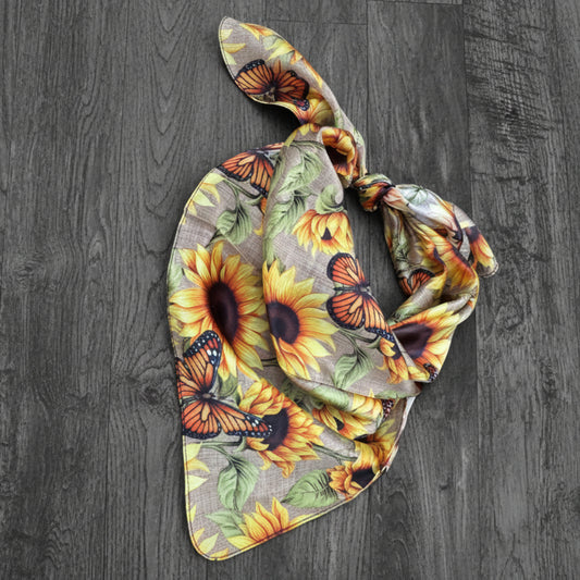 100% Silk Wild Rag Butterflies Sunflowers and Burlap Neck Scarf Bandana by Double B Wild Rags with Yellow Sunflowers, Monarch Butterflies, Burlap tan pattern creative